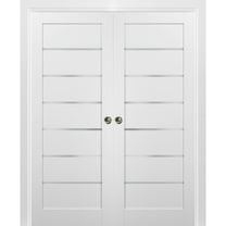 French Double Pocket Doors 72 x 80 with Frames | Quadro 4117 White Silk with Frosted Opaque Glass | Kit Trims Rail Hardware | Solid Wood Interior Pantry Kitchen Bedroom Sliding Closet Sturdy Door