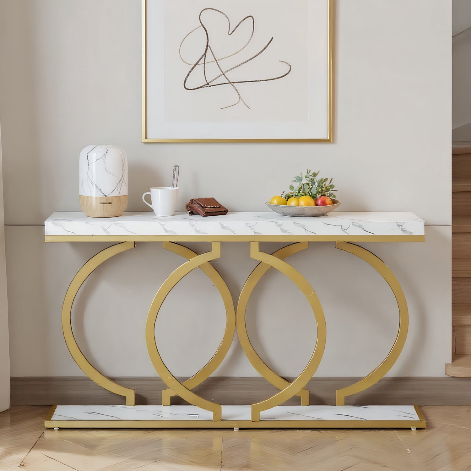 Topcobe 55" Console Table, Narrow Entryway Sofa Table with Geometric Metal Frame, Modern Furniture for Indoor, White & Gold
