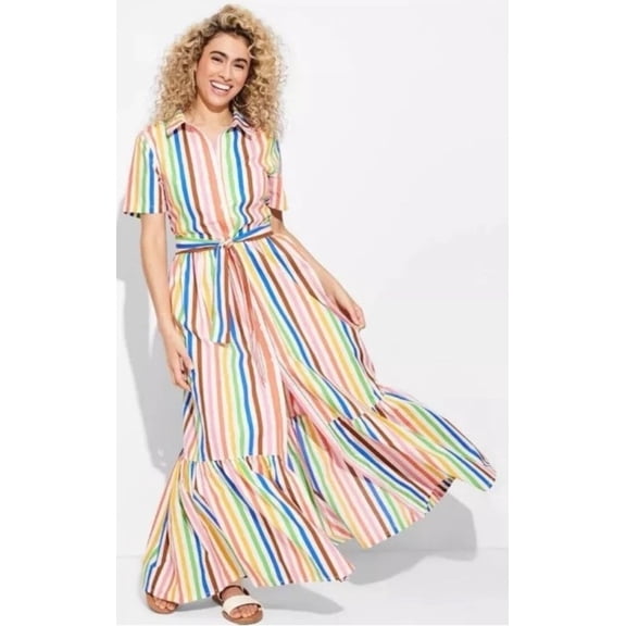 Multi Color Striped Rainbow Short Sleeve Wrap Dress, Women's Size XL