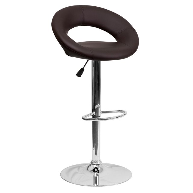 Contemporary Brown Vinyl Rounded Orbit-Style Back Adjustable Height Barstool with Chrome Base