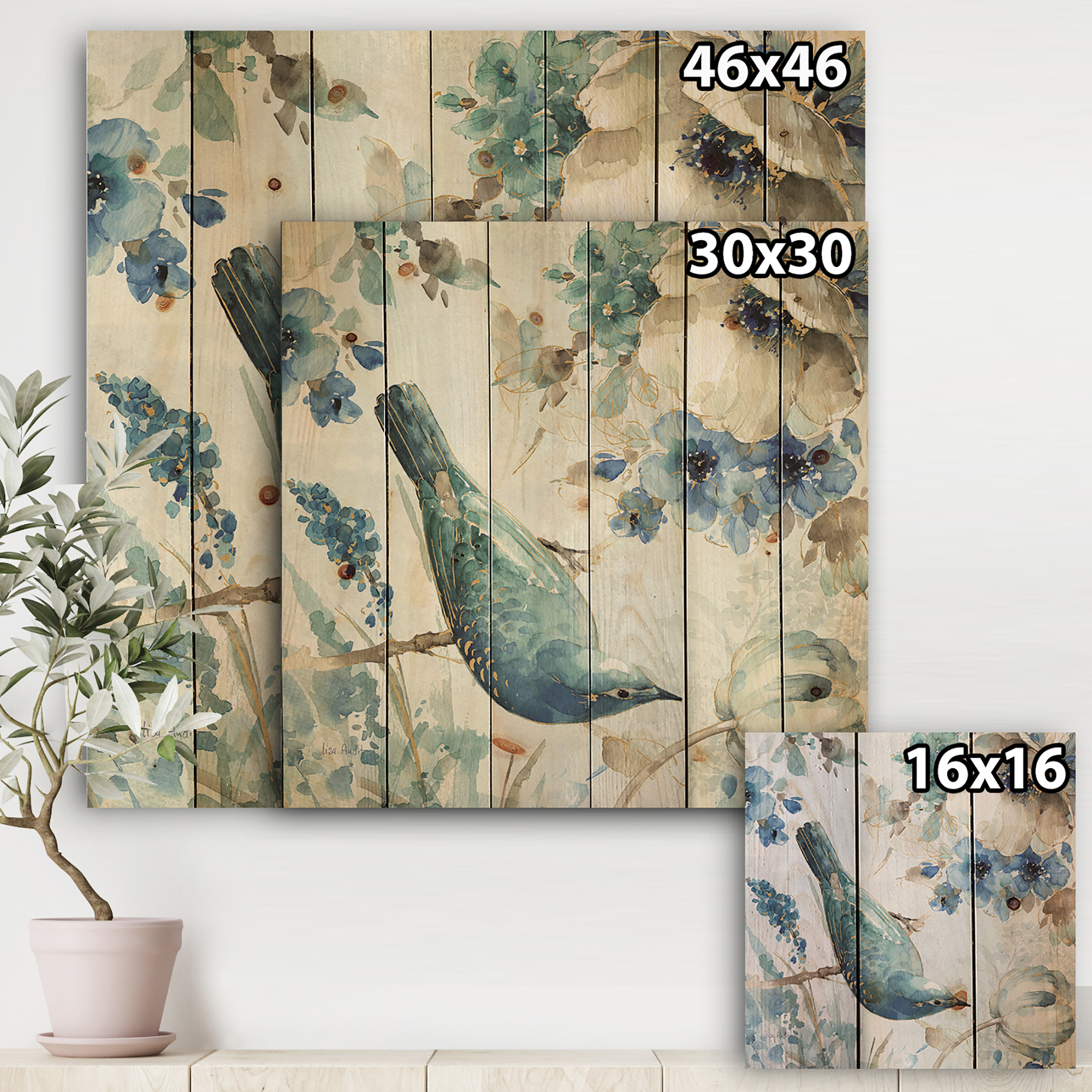 Designart 'Indigold Watercolor Lovely bird I' Farmhouse Print on Natural Pine Wood