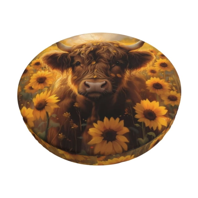Balery Cute Cow Sunflower Field Fundas de asiento para taburete de bar redondo de tela de terciopelo ajustables que protegen de arañazos y manchas para sillas de 14 a 17 pulgadas.-13 inch