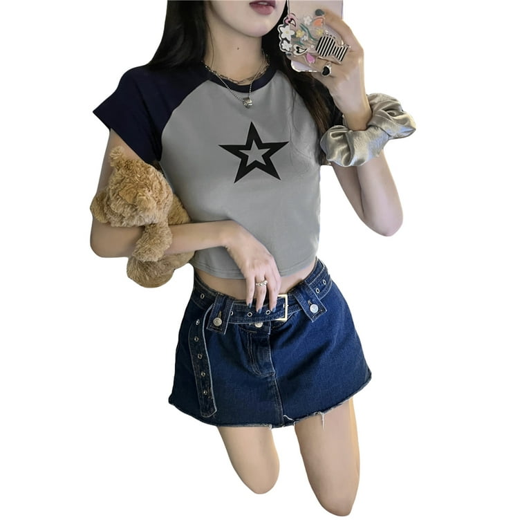 Women Teen Girls Vintage Aesthetic Tees Shirts Cute Graphic Star Print Crop  Tops Y2k Fairy Grunge Trendy Clothes