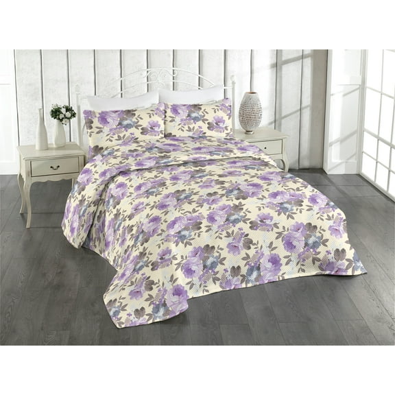 Ambesonne Vintage Flowers Quilted Bedspread Set 3 Pcs, Nostalgic Flowers, King, Lavender Champagne