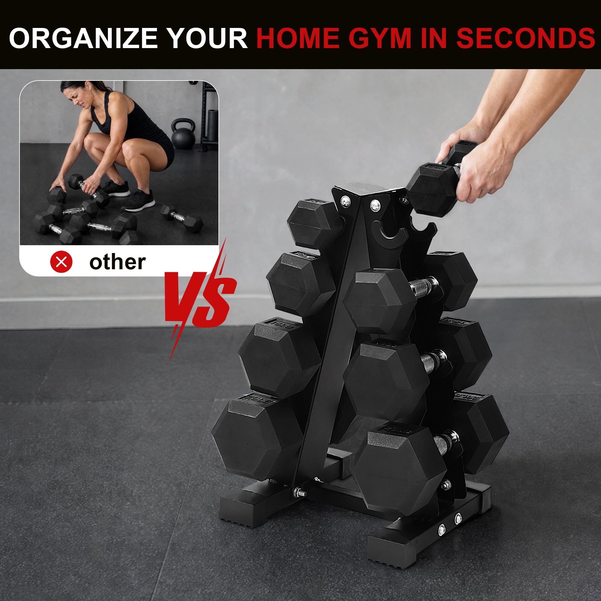 Sprint Demon 100 LB Rubber Hex Dumbbell Set with A-Frame Rack, 5-20 LB Free Weights Set for Home Gym Strength Training