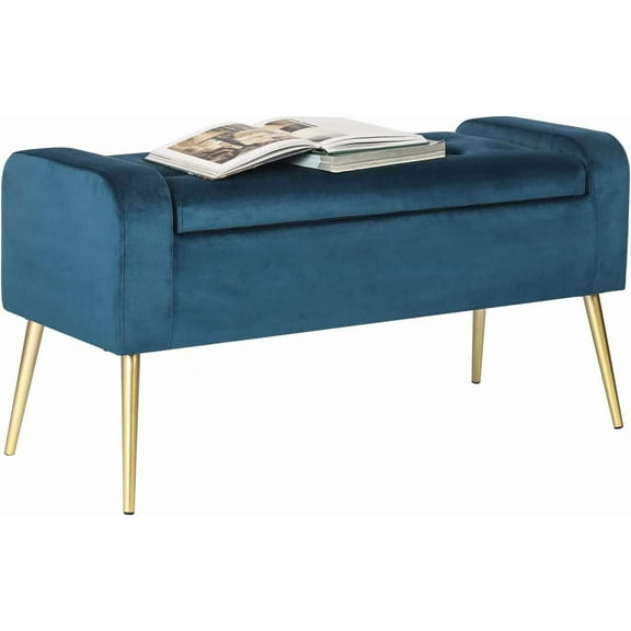Adeco 39.6 inch Modern Velvet Storage Ottoman,Upholstered Storage End of Bed , Tufted Button Entryway with Golden Metal Legs for Bedroom Living Room (Blue)