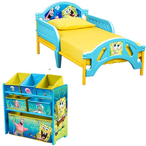 SpongeBob Toddler Bed and Multi Bin Organizer Bundle with BONUS Wall