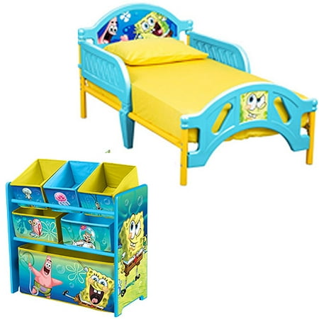 SpongeBob Toddler Bed and Multi Bin Organizer Bundle with BONUS Wall Decals