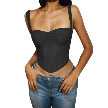 WNVMWI Womens Suspenders Mesh Slim Satin Silk Corset Sleeveless Boned Bustier Going Out Cop Tank Tops Black