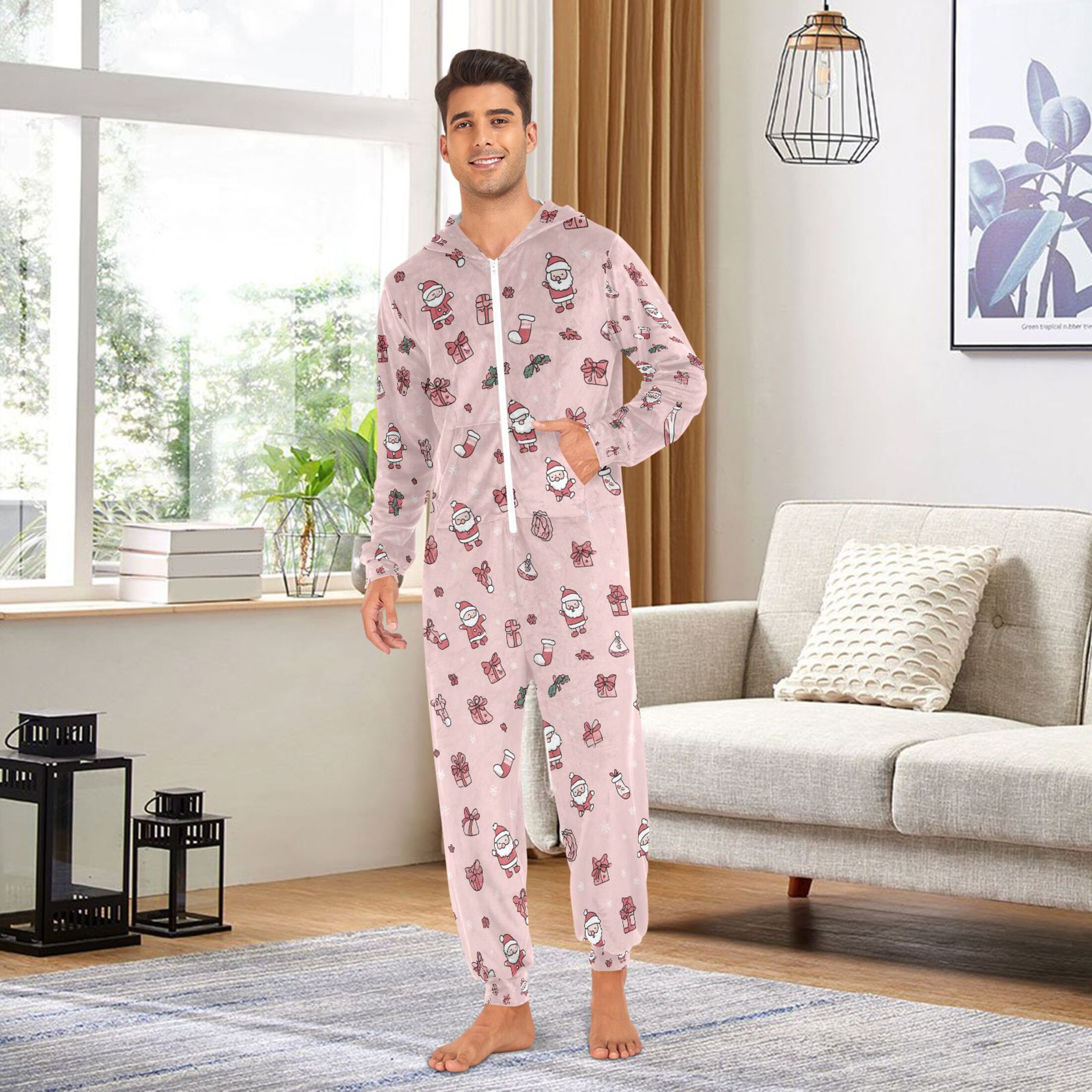 Adult Christmas Onesie Pink Bow Socks Adult Zipper One-Piece Pajamas Unisex Pajamas with Pockets