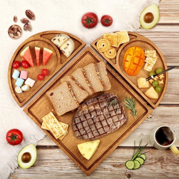 XILAZAB Cherry Wood Finish 3-in-1 Magnetic Cheese Board Set: Extra Large Square/Round/Heart Platter - Valentine's Day Gift