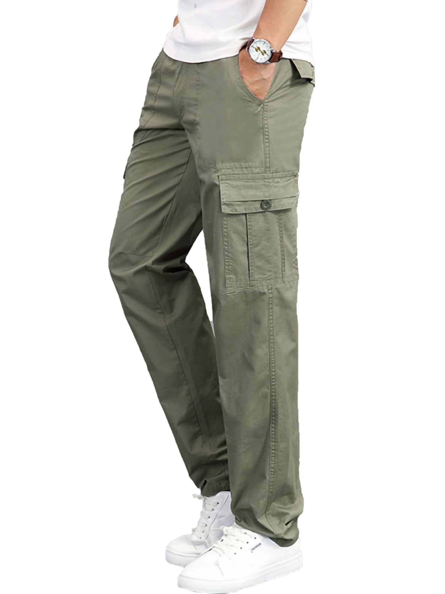 Mens Casual Drawstring Cargo Combat Pants Elastic Waist Pockets Trousers Joggers 