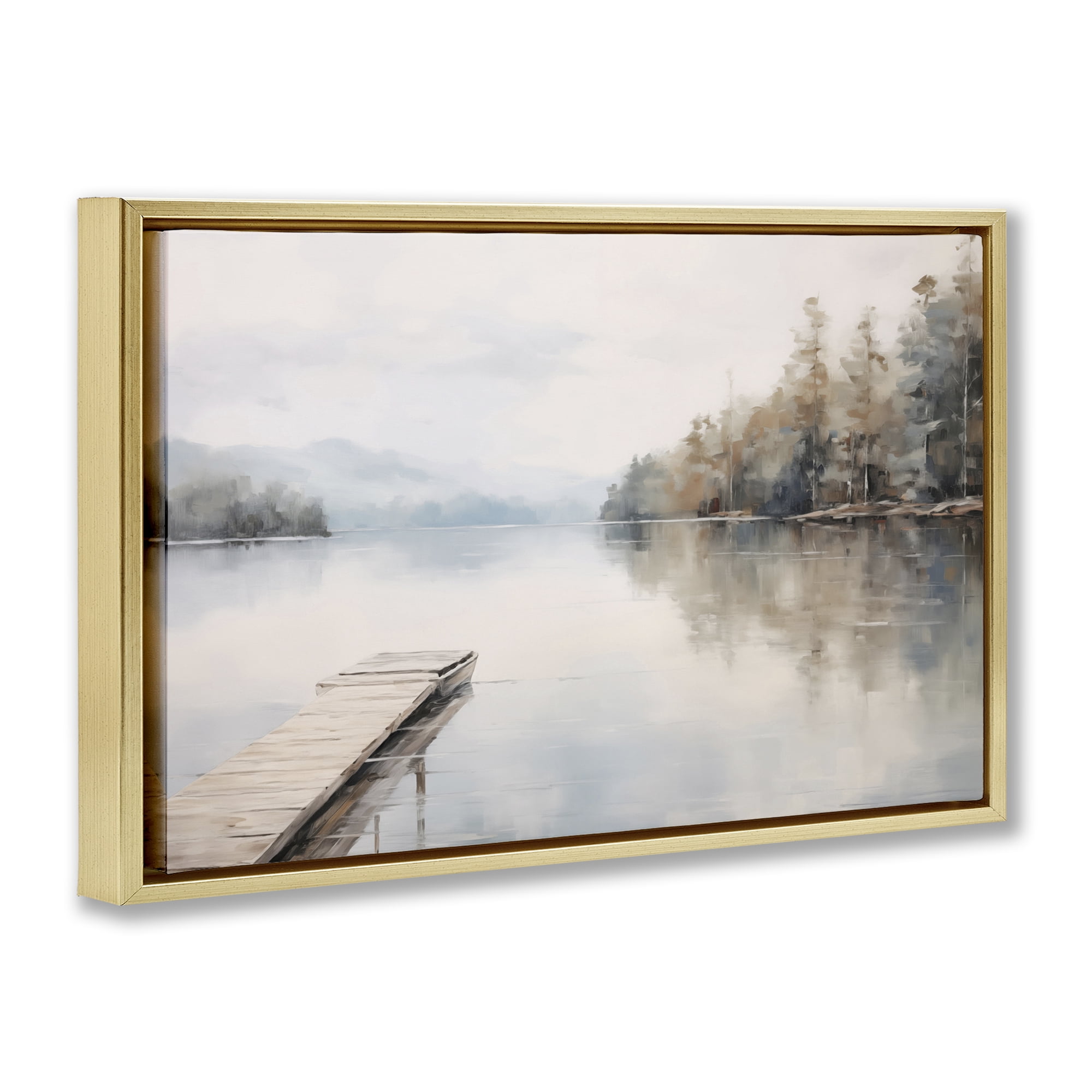 Stupell Industries Old Lake Dock View Landscape & Nature Painting Gold Floater Framed Canvas Art Print Wall Art, 25 x 17