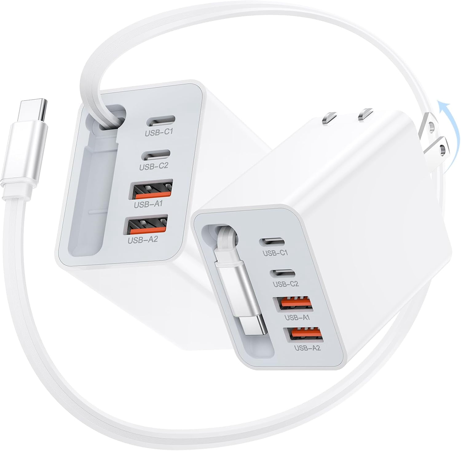 MHAWBL-5-in-1 Retractable Wall Charger,2Pack 5-Port Retractable USB C Charger Block with Type C Cord,40W Retractable Phone Charger Wall Plug,Fast Charging Foldable Brick for iPhone 17/16/15 Pro Max,G