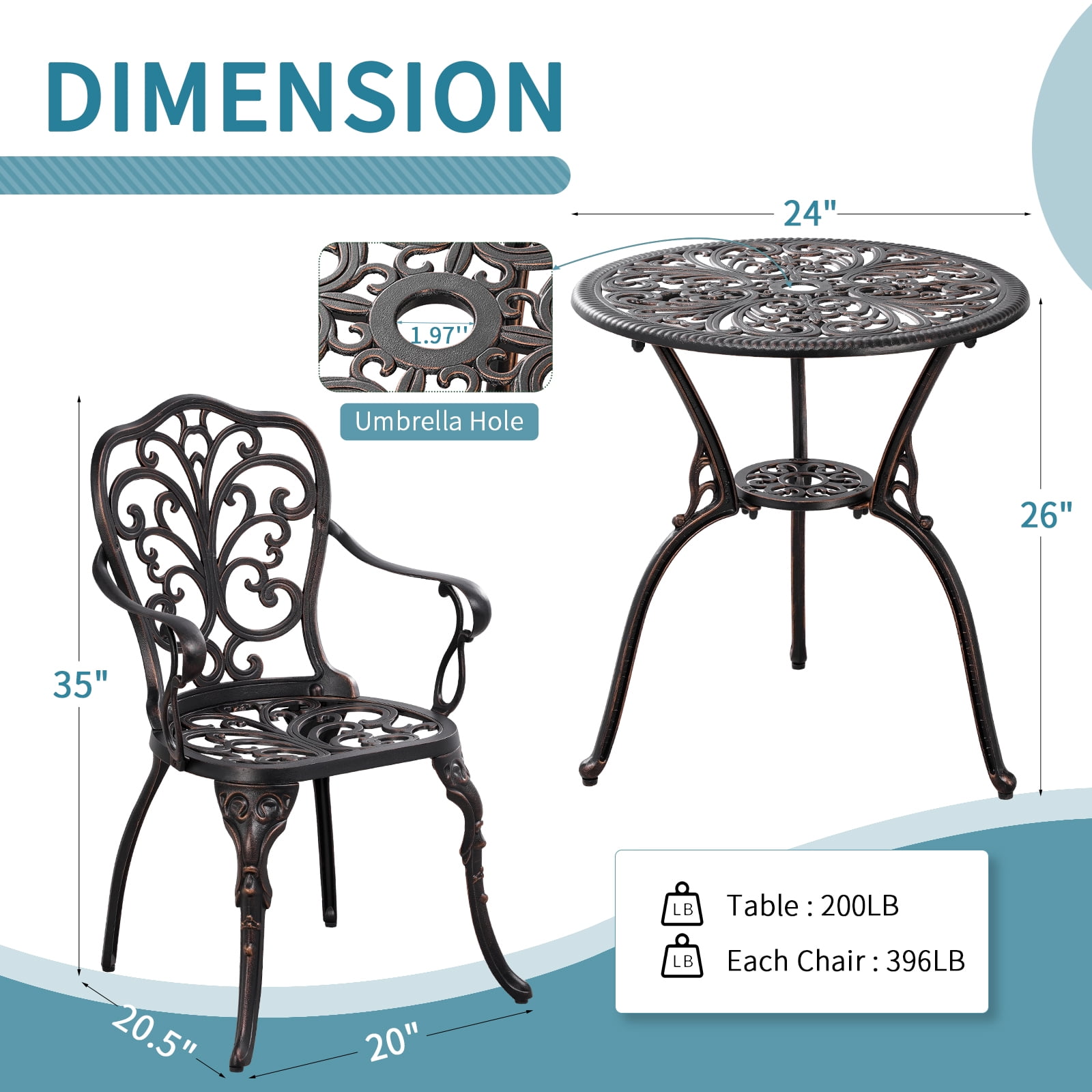 Withniture 3-Piece Bistro Table and Chairs Set of 2 Outdoor Furniture Patio Bistro Set, Bronze