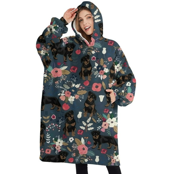 Oversized Wearable Blanket Hoodie,Rottweiler Dog and Flower Floral Sherpa Blanket Hoodie with Super Pockets,Super Warm Fuzzy Pullover for Women & Men