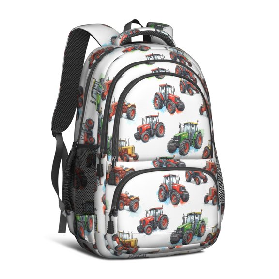 Tractor and Tractors White Pattern Backpack for School, Cute School Bag with Adjustable Shoulder Straps and Padded Back, 16.9"x12.6"x5.9"