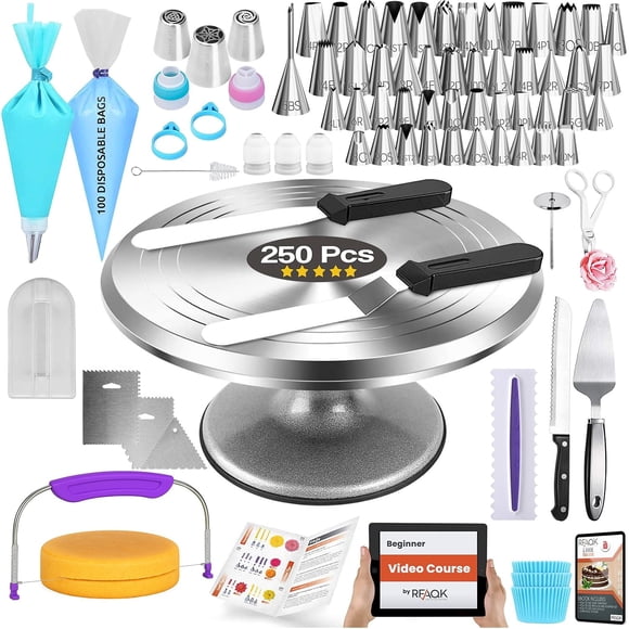 RFAQK 250 Pcs Kit de Décoration de Gâteau en Aluminium avec Plateau Tournant de 12 Pouces - 48 Embouts de Tuyauterie Numérotés et Sacs de Tuyauterie - Embouts Russes - Grattoirs - Niveleur de Gâteau -