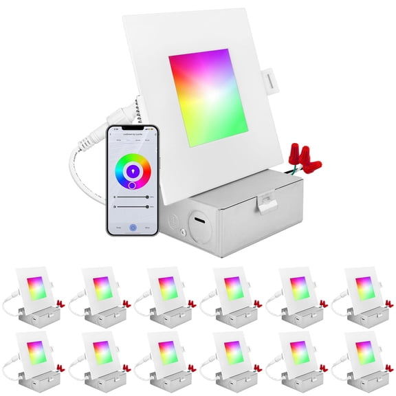 Luxrite 12-Pack 4 inch Square Smart LED Recessed Lighting, RGBW Color Changing, WiFi App and Voice Control, Alexa and Google Home