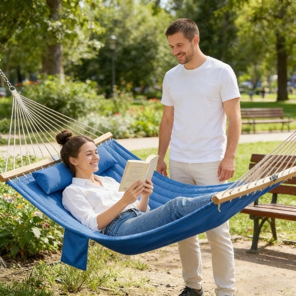 Clearance Polyester Hammock Sets for Double kids & Adult, Lightweight Polyester Portable Hammock with 8.5 FT Stand, Parachute Hammock for Backpacking, Camping, Travel, Beach, Yard, S10389