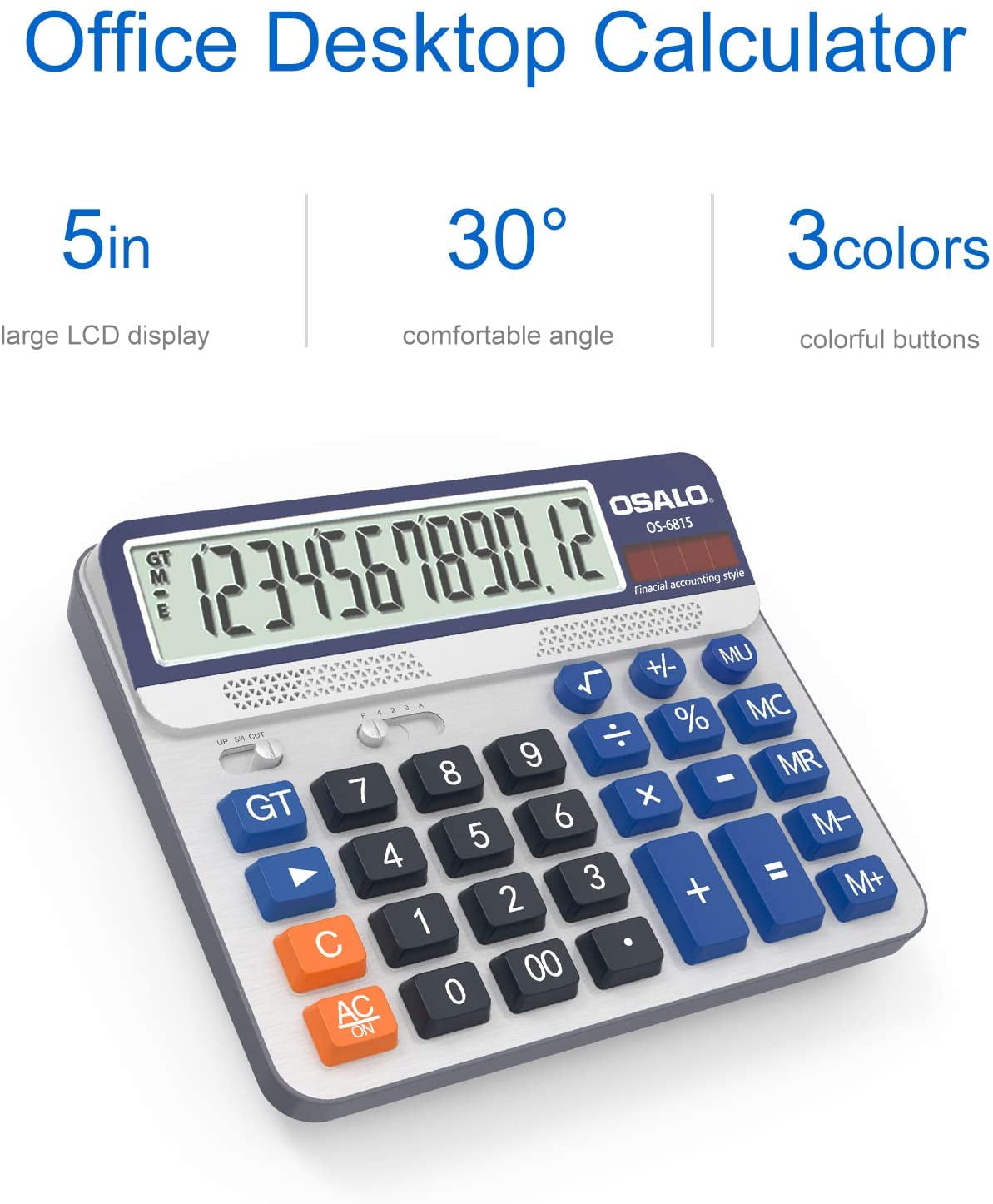 Desktop Calculator Extra Large 5in LCD Display 12-Digit Big Button Giant Accounting Calculator Battery & Solar Powered for Office Business & Home(OS-6815)