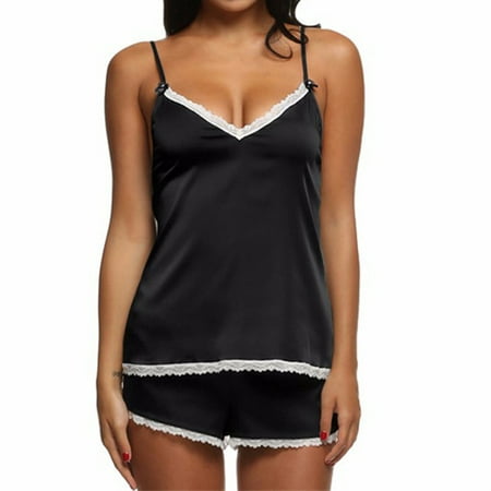 

Biker Shorts Women Women Cute Two Piece Set Soft Solid 2 Pieces Pajamas Sets Lace Stitching V-Neck Sling Top Shorts Cami Lingerie Comfy Cute Sleepwear Casual Flowy Shorts For Women Black M