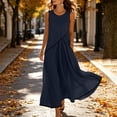thumbnail image 5 of Long Dresses for Women Trendy Color Block Crewneck Maxi Sundress with Pockets Casual Summer Linen Blend Dress Navy 2XL, 5 of 9