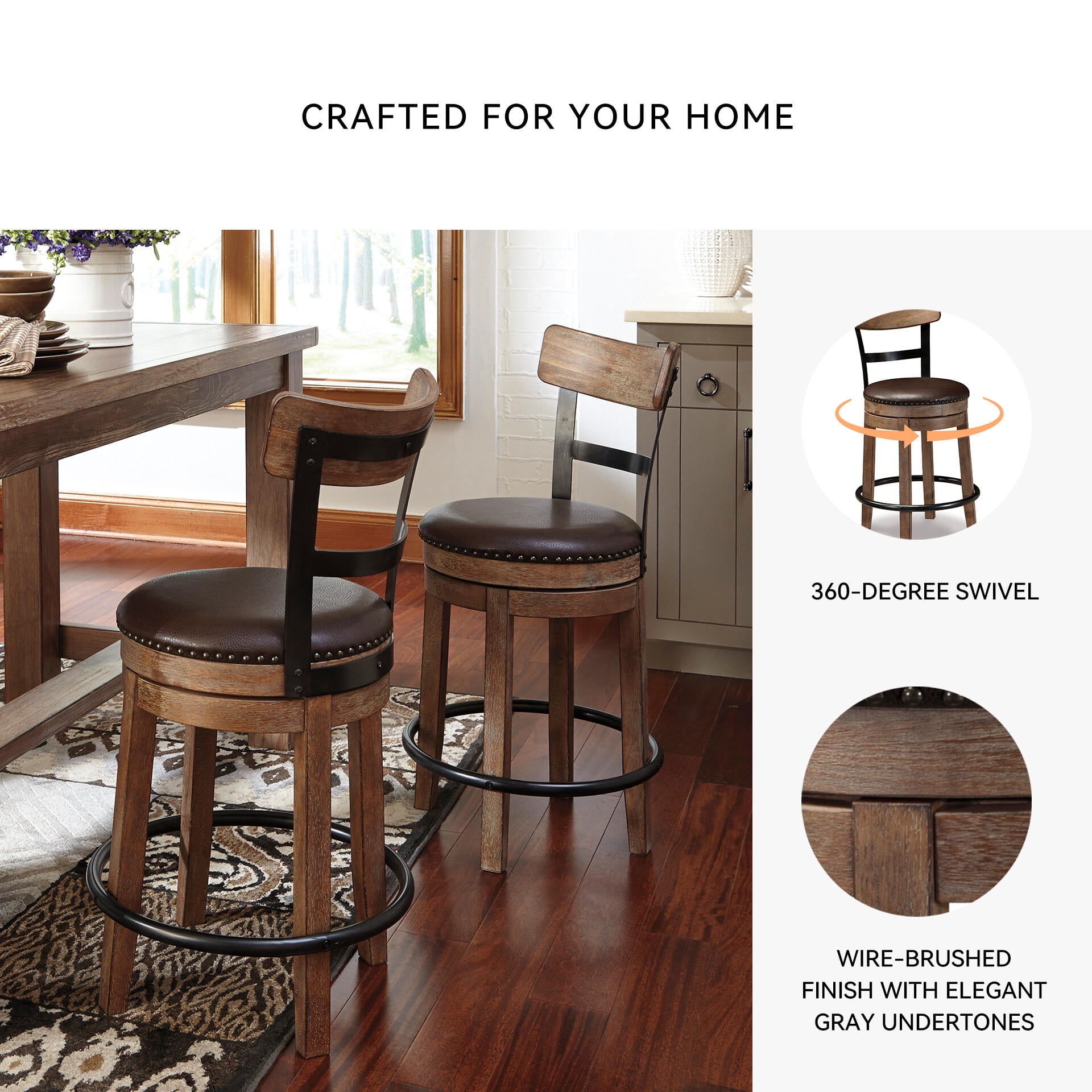 Signature Design by Ashley Pinnadel Swivel Counter Height Bar Stool, Light Brown, Upholstered Chair with Faux Leather Seat and Metal Footrest