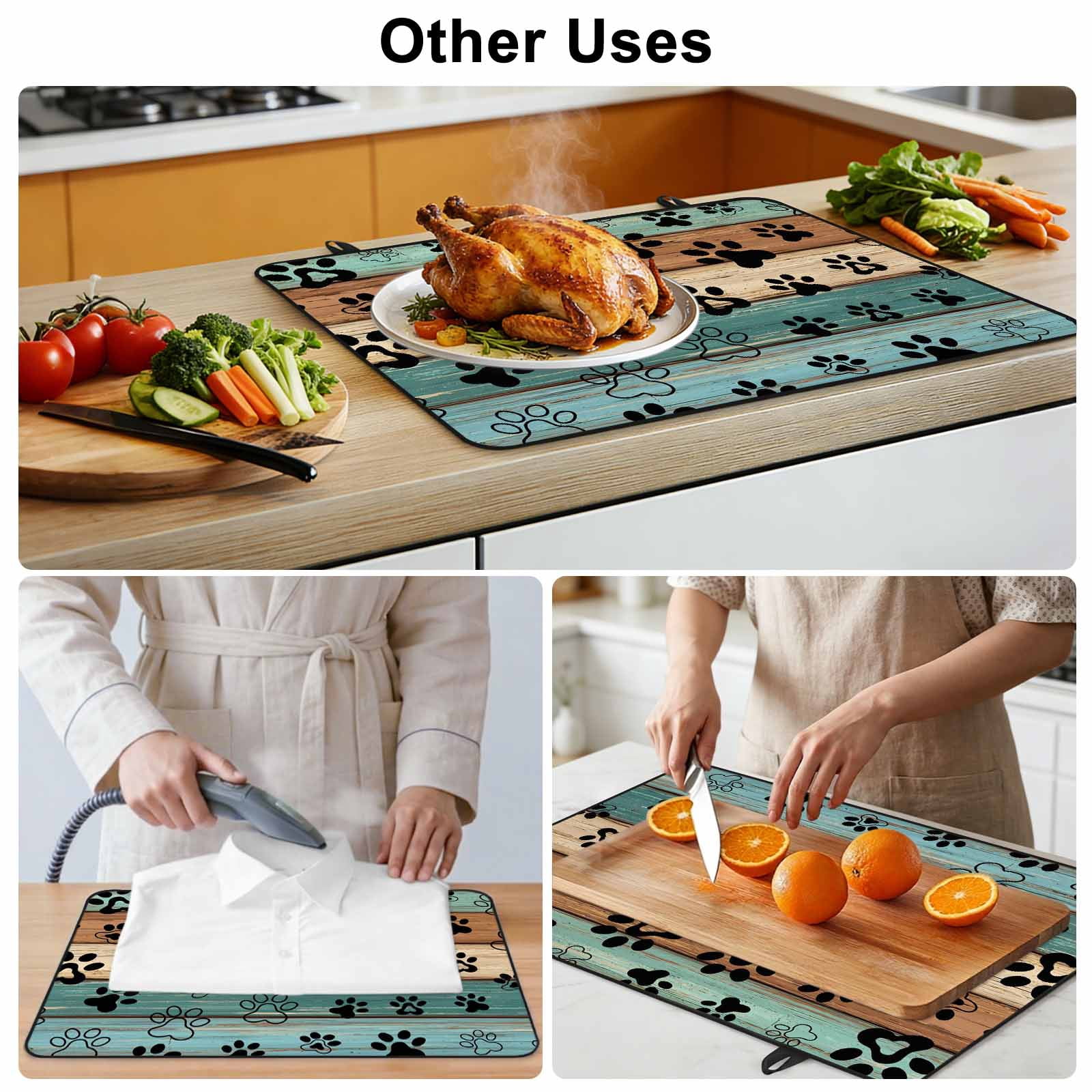Black Dog Claws Stove Top Cover for Electric Stove, Heat-proof & Non Slip Glass Top Stove Cover Protector, Cat Pets Printed Teal Brown Wood Grain Kitchen Flat Cooktop Rubber Mat 24x21 Inches