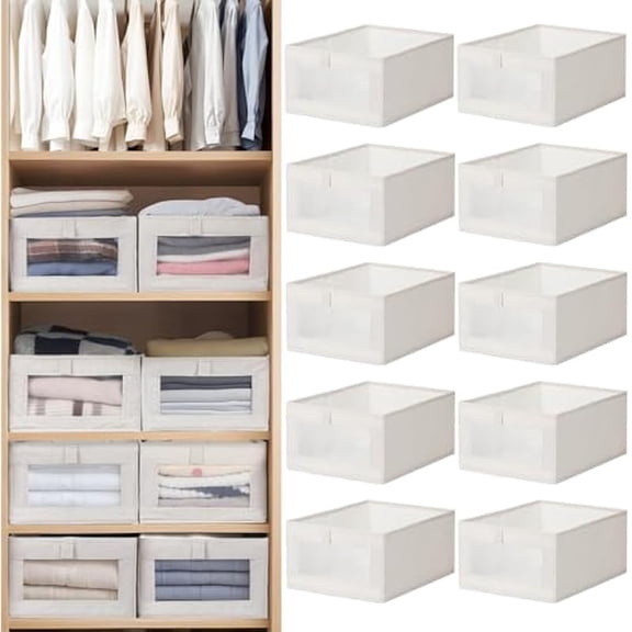 14 PCS Linen Closet Organizers, Foldable Fabric Storage Bins Closet Storage Boxes with Clear Mesh Window, Organizer Baskets for Clothing Jeans Books, Shelves and Wardrobe Organization