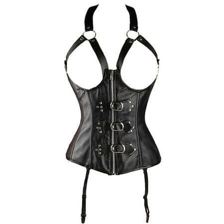 Womens Faux Leather Steampunk Cupless Sexy Lingerie Underbust Corsets Belt Zipper Halter Slimming Bustier