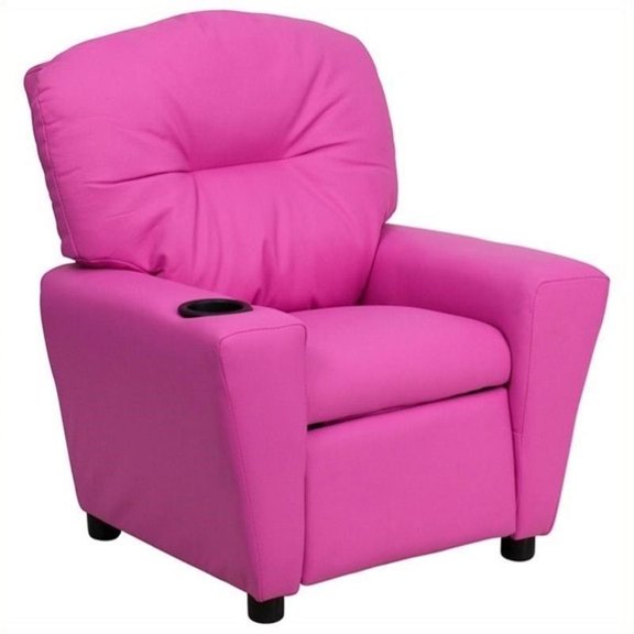 Bowery Hill Contemporary Vinyl Kids Recliner with Cup Holder Armrest in Pink