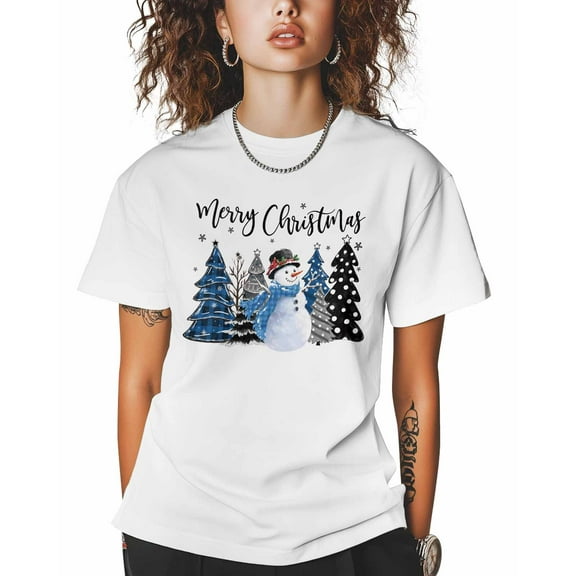 T Shirts for Women Short Sleeve Cotton Crewneck T-Shirt, Christmas Snowman Blue Xmas Tree Tee Tops Casual Basic T-Shirts, XS-5XL White S