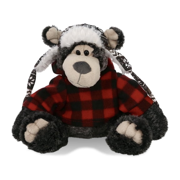 DolliBu Super Soft Black Bear with Clothes Stuffed Animal and Plaid Red Hoodie Sweater - Cute Bear Plush Lumberjack Stuffed Toy with Plaid Jacket Dress Up for Christmas, Holiday, Winter - 12.5 Inches