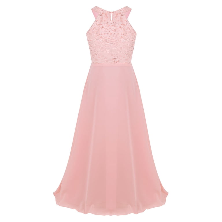 TiaoBug Girls Halter Neck Flower Lace Dress - Floor-Length Wedding Party Gown For Kids