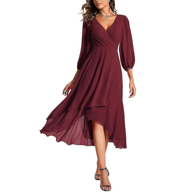 Vestido de novia de gasa con escote en V, manga larga, plisado, corte A, largo midi, para mujer