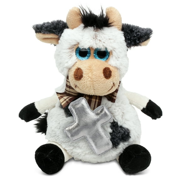 DolliBu Sitting Cow Stuffed Animal with Silver Cross Plush - Religious Baby Baptism Gifts for Boys and Girls Dedication Christening Gifts Plush Prayer Toy Healing Stuffed Animal - 7 Inches