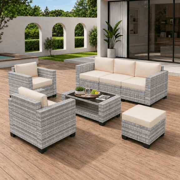 KIGOTY 7 Piece Patio Conversation Sets,Outdoor Patio Furniture Set with Cushion and 2- Tier Glass Coffee Table,PE Rattan,LG-Beige