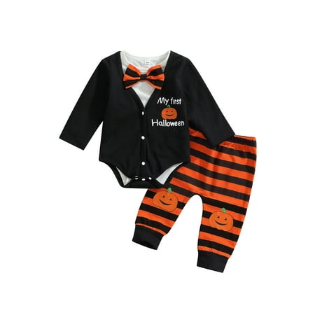 

Bagilaanoe My 1st Halloween Outfits Newborn Baby Boy Bowtie Long Sleeve Romper Tops + Outwear + Stripe Pumpkin Pants Set 3M 6M 9M 12M Infant 3Pcs Gentleman Clothes