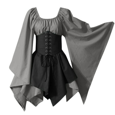 Fall and Winter Savings Clearance 2024! Antqov Dresses for Women Women s Halloween Vintage Dress Women Costumes Gothic Sleeve Corset Dresses Sleeve Round-Neck Knee-High Dress Gray XXXL