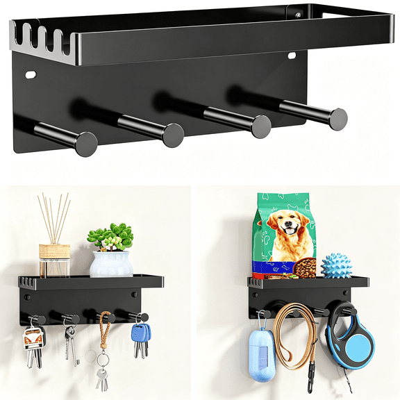 ZHZFKQ Dog Leash Holder for Wall, Key Holder Wall Mount, Metal Dog Leash Hooks, Pet Stuff Storage Shelf for Leash Hanger, Entryway Organizer Key Rack for Pet Collar, Treats, Toys, Mail (Black)