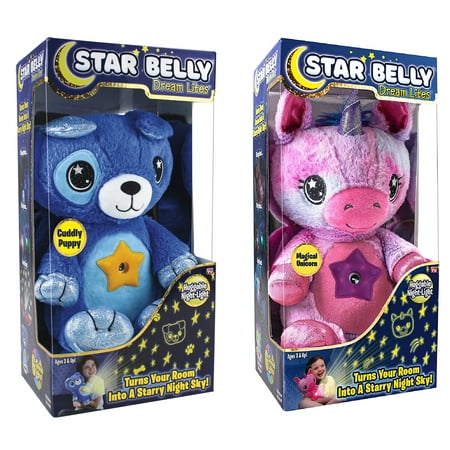Star Belly Dream Lites  Stuffed Animal Night Light  Shimmering Rainbow Unicorn + Blue Puppy COMBO