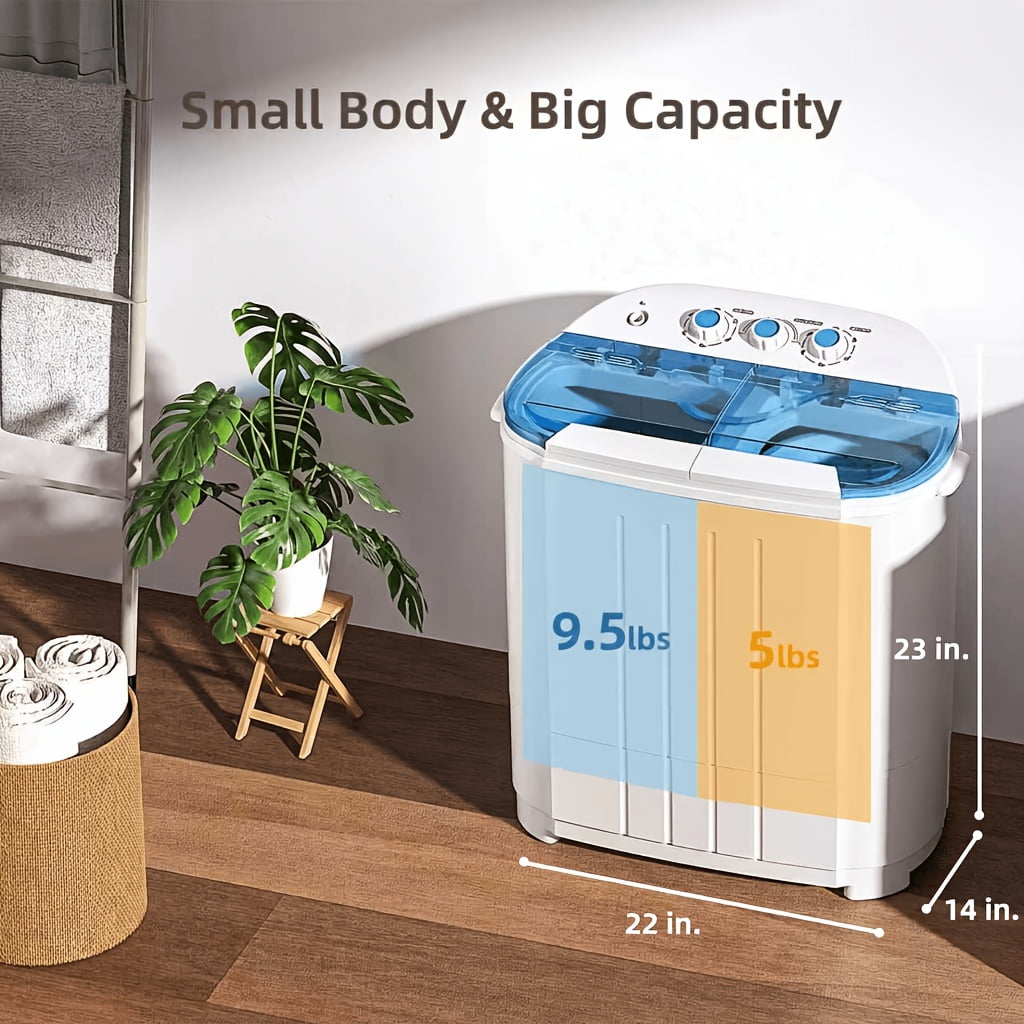 14.5Lbs Twin Tub Portable Washing Machine & Spin Dryer Combo, Semi-Automatic Top Load Compact Laundry Appliance, 9.5Lbs Wash 5Lbs Spin Capacity for Apartments, Dorms, RV and Camping