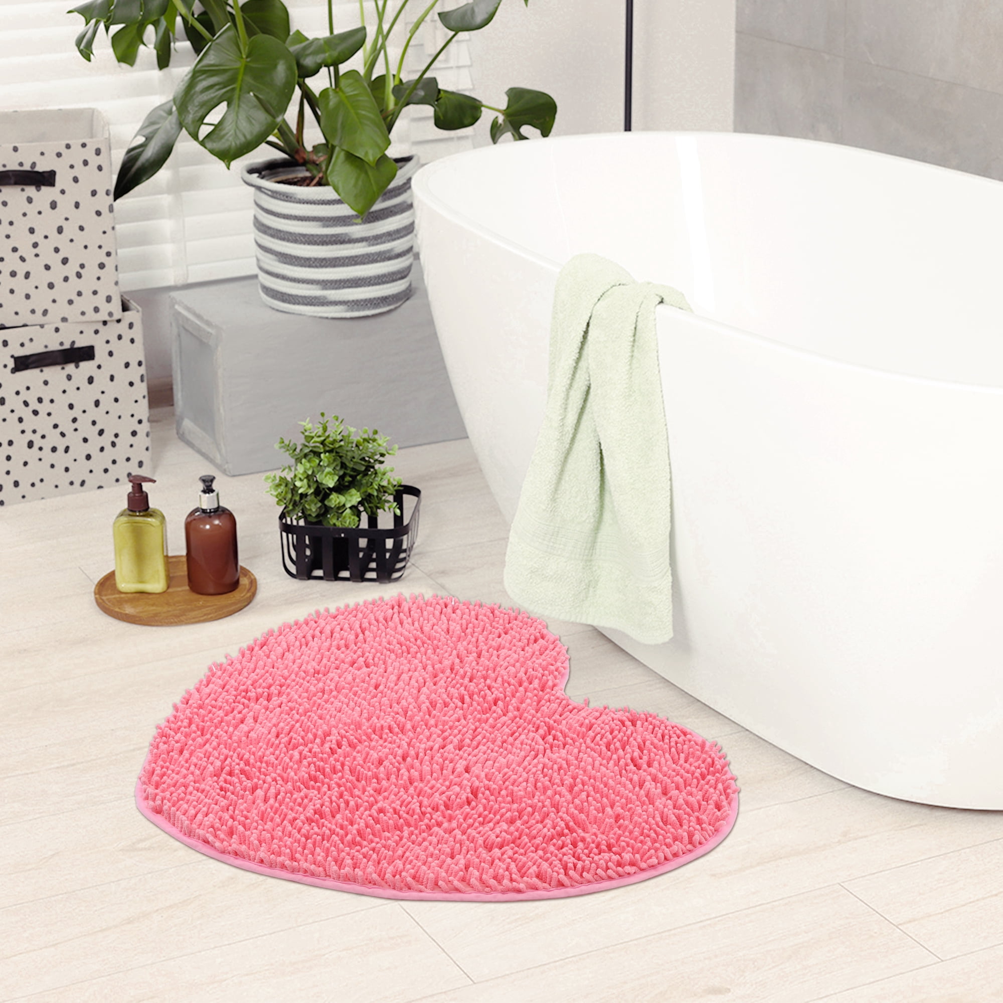 Unique Bargains Heart Shaped Chenille Bath Rugs Soft Shaggy Bath Mat Pink 28" x 32"