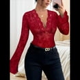 thumbnail image 4 of Blusa de Larga con Cuello Redondo y Encaje de con Bordado Floral para Mujer Rojo M, 4 of 7