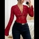 thumbnail image 4 of Blusa de Larga con Cuello Redondo y Encaje de con Bordado Floral para Mujer Rojo S, 4 of 7