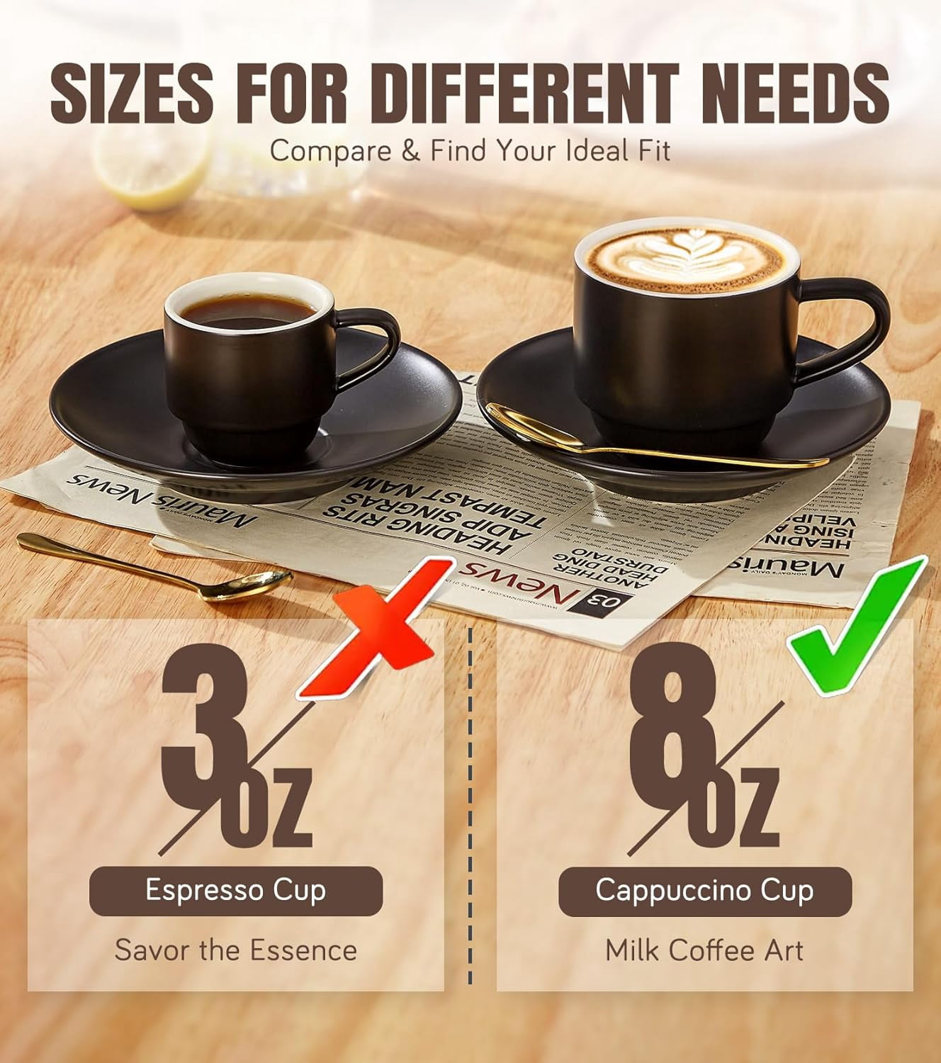Lareina 3-Ounce Espresso Cups Set of 4, Small Stackable Coffee Cups with Saucers, Spoons and Metal Stand, Ceramic Demitasse Mugs, Espresso Accessories for Machine, Black