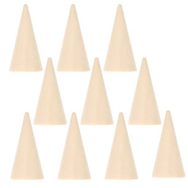 10 conos de madera sin tratar de 2,5 x 5 cm. Soportes para anillos de madera natural. Conos de madera sin pintar. Exhibidor de joyería para manualidades y almacenamiento.