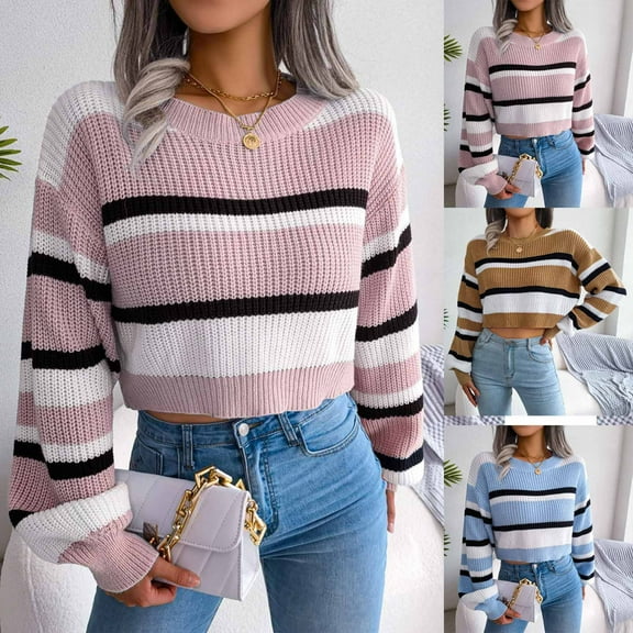 Fartey Women's Color Block Striped Sweater Casual Crew Neck Lantern Long Sleeve Cropped Sweaters Loose Fit Ribbed Knit Pullover Sweaters Khaki L