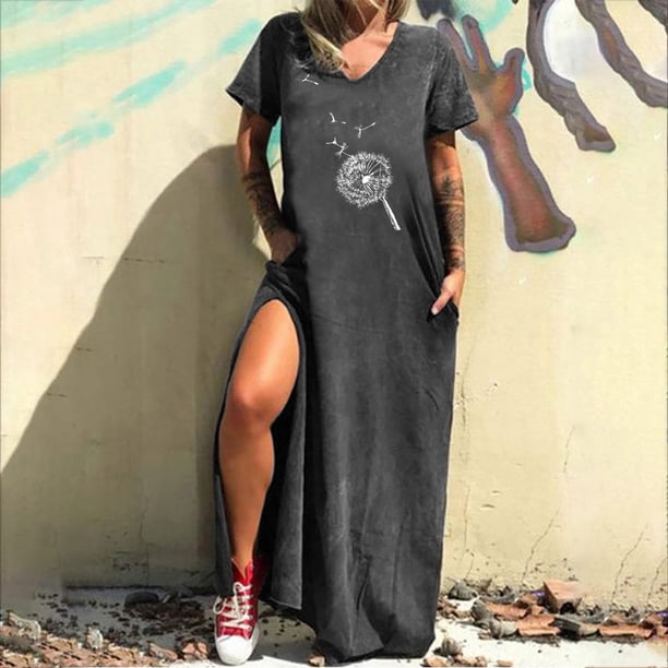 Puntoco Vestido De Manga Corta Con Cuello En V, Vestido Informal Con Cuello En V Y Manga Corta Con Bolsillo Y Abertura Larga Para Mujer, Gris S